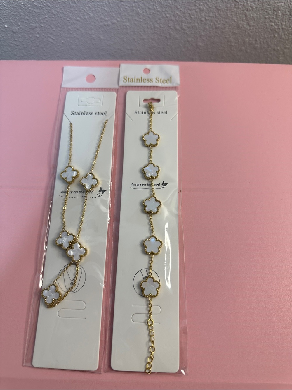 Gold-Tone White Clover Pendant Necklace and Bracelet Set